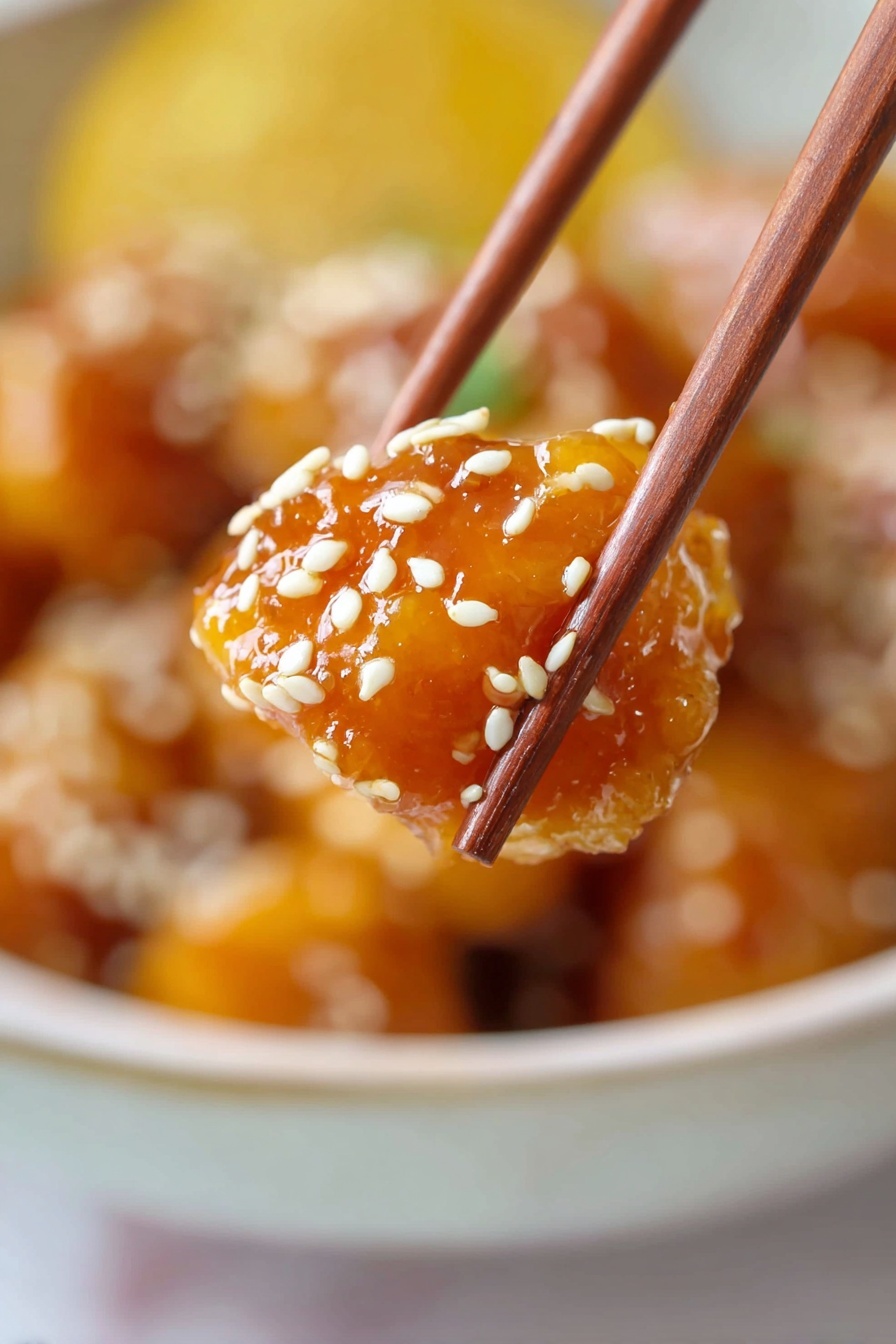 A piece of orange chicken with sesame seeds on a stick.