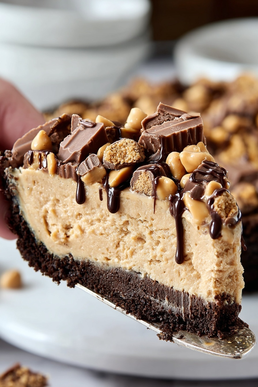 A slice of peanut butter pie with chocolate drizzled on top.