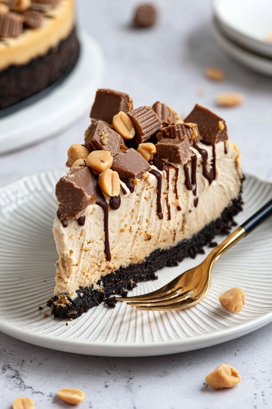 A slice of peanut butter pie with chocolate drizzle.
