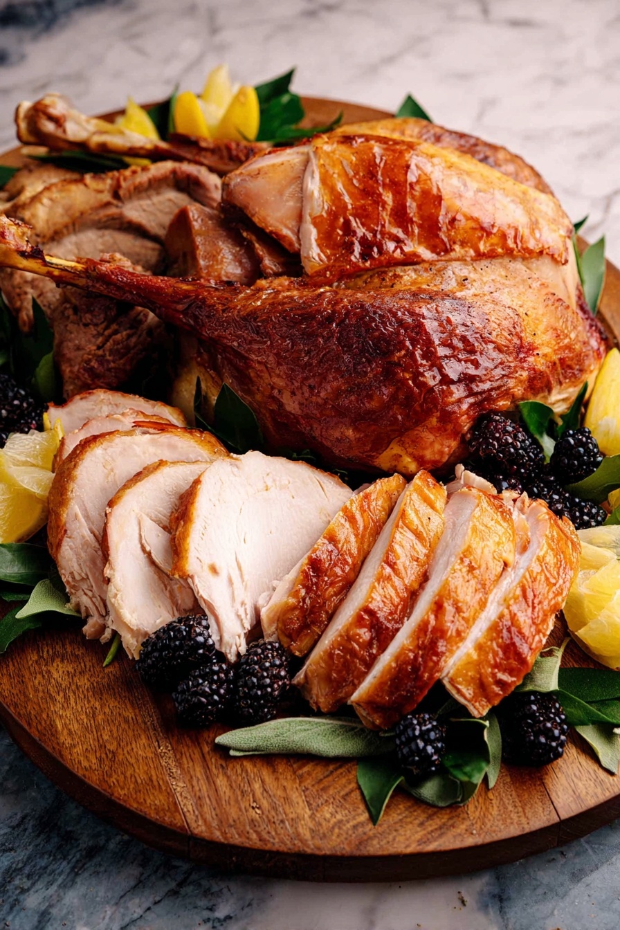 A roasted turkey with a lemon wedge on top.