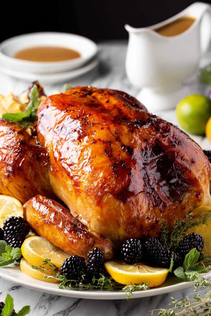 A juicy roast turkey with a lemon wedge on top.