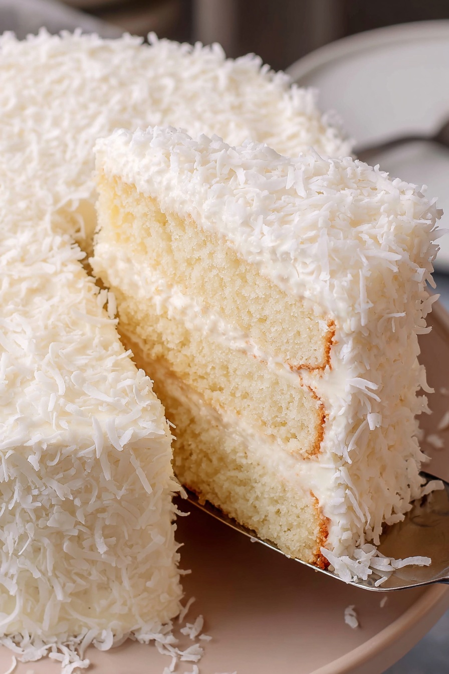 A slice of coconut cake on a plate.