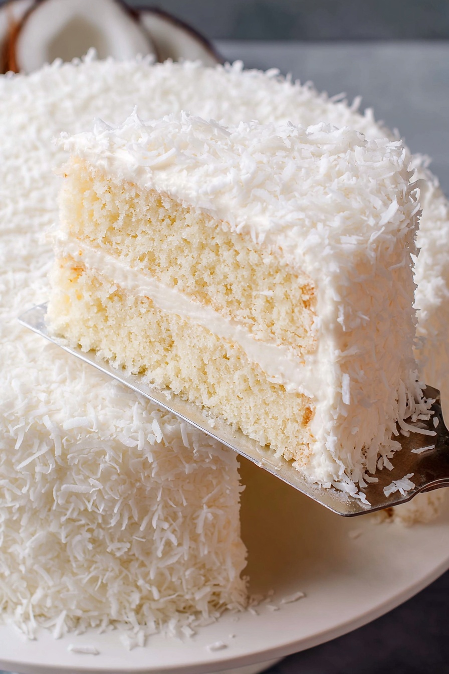 A slice of coconut cake on a fork.