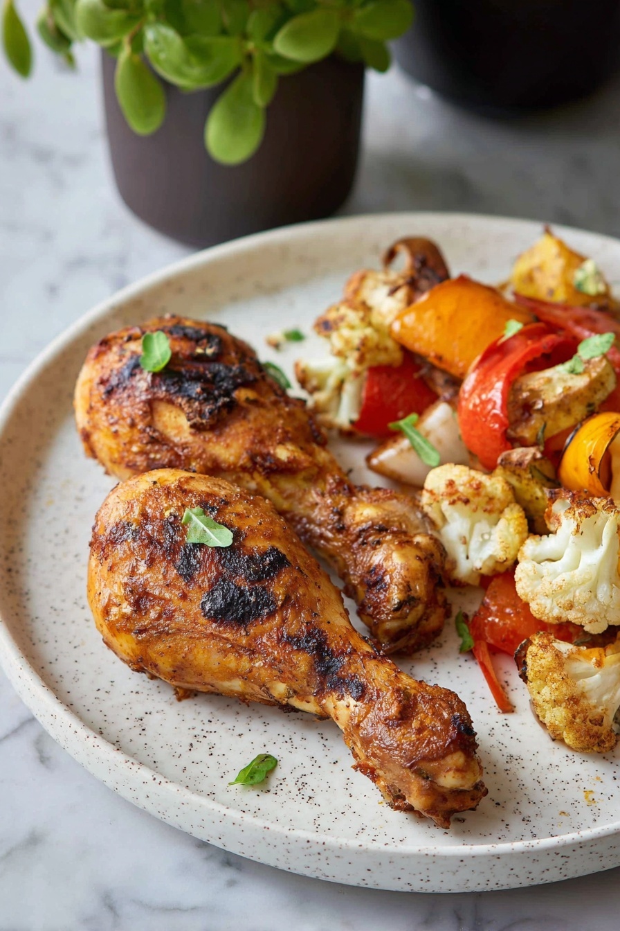 A plate of air fryer chicken legs with vegetables.
