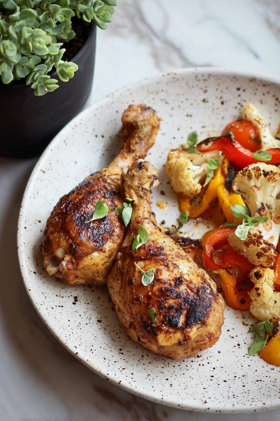 A plate of air fryer chicken legs with peppers and broccoli.
