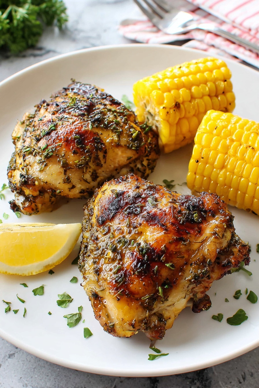 Lemon herb roasted chicken thighs with corn on the cob.