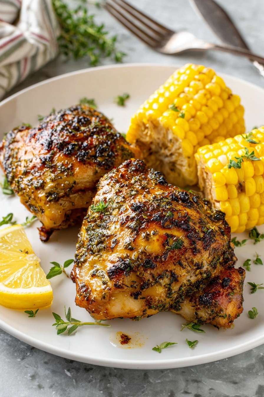 A plate of chicken thighs with a lemon wedge on the side.