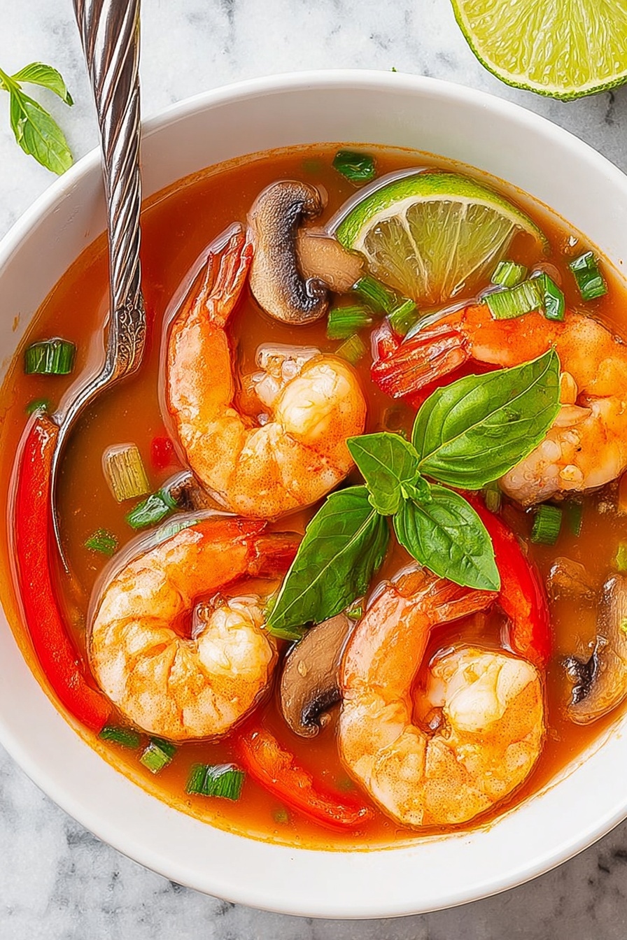 A bowl of shrimp soup with mushrooms and lime.