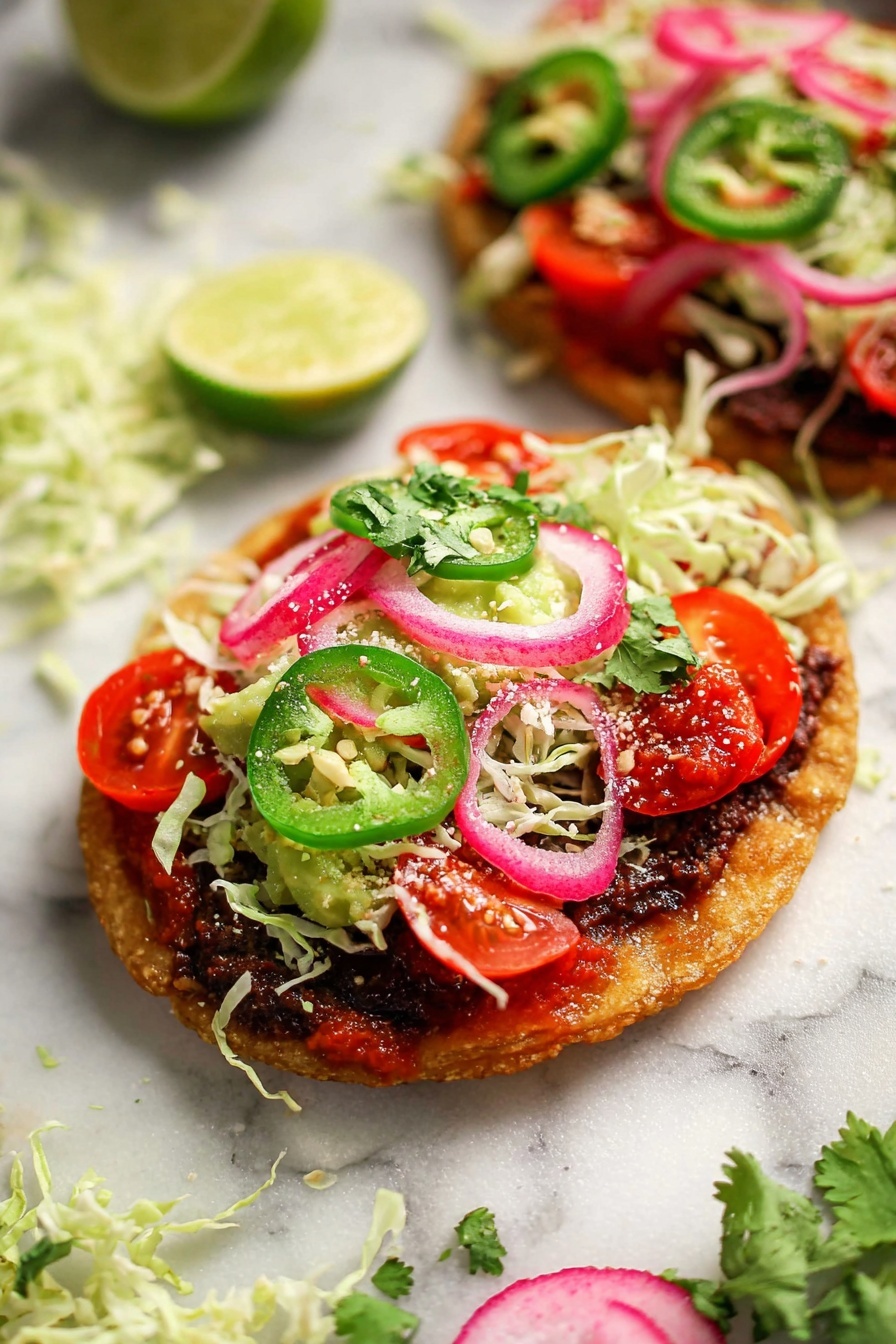A close up of a Mexican tlacoyos with tomatoes, onions, and jalapenos.