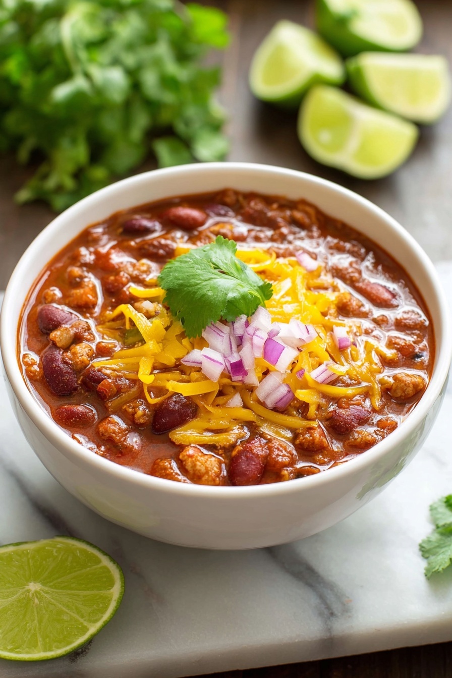 A bowl of chili with a green vegetable on top.