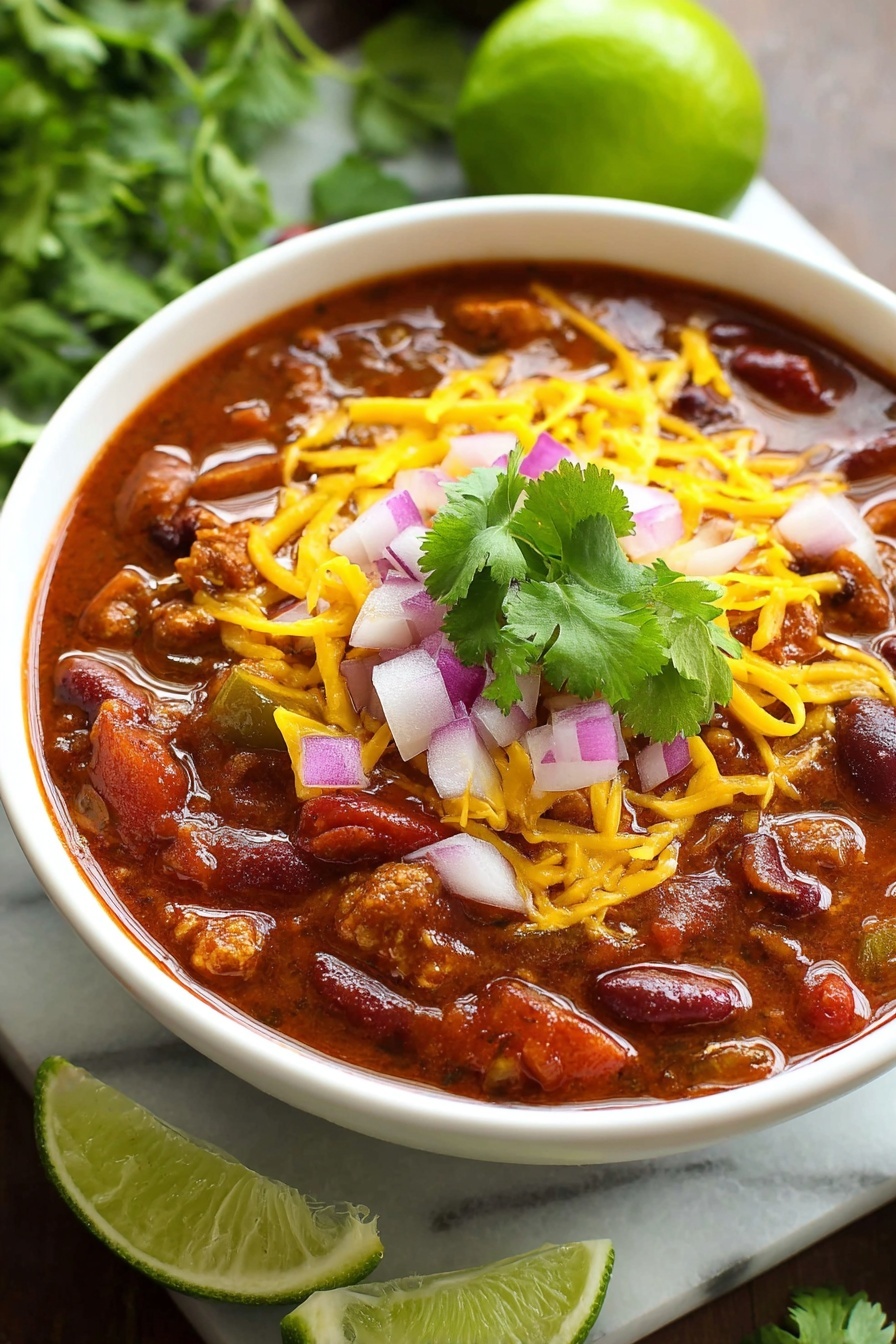 A bowl of chili with a green onion on top.