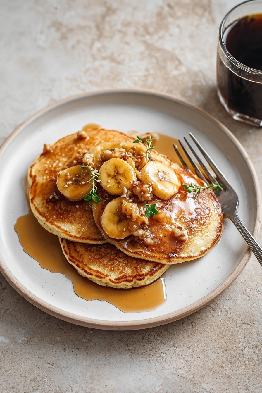 Bananas Foster Pancakes with syrup.