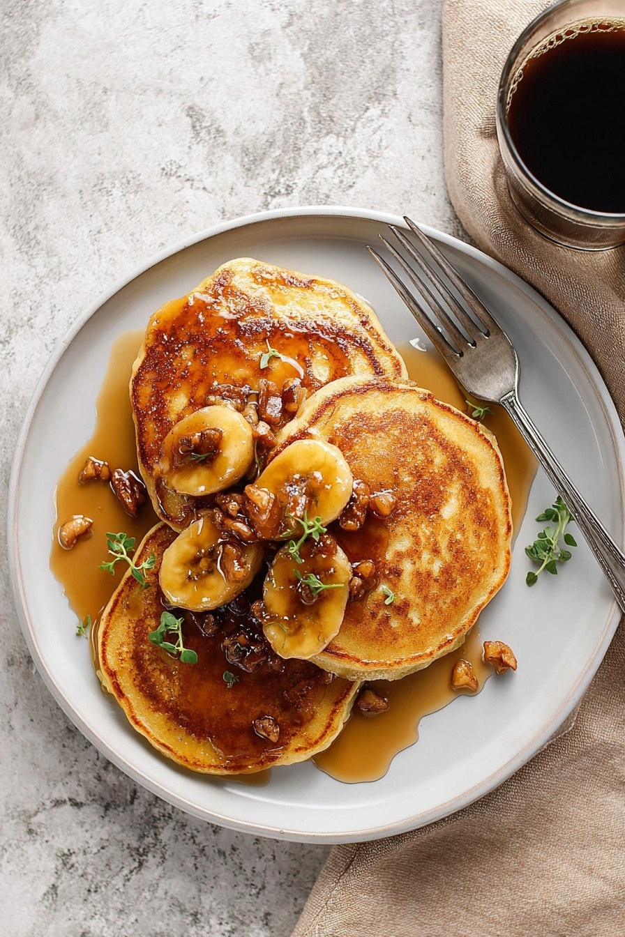 A plate of bananas foster pancakes.