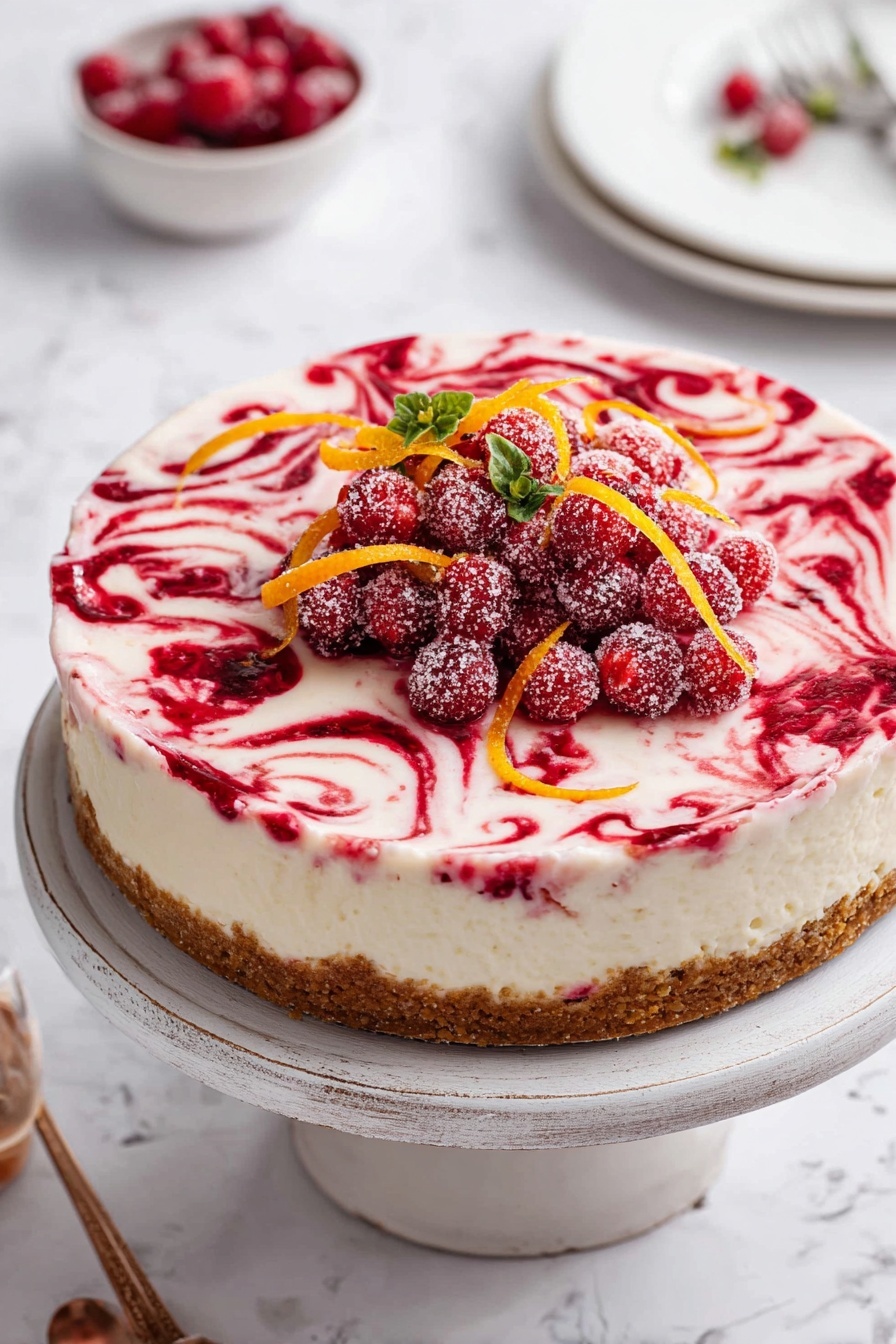 A slice of cranberry cheesecake with orange slices on top.