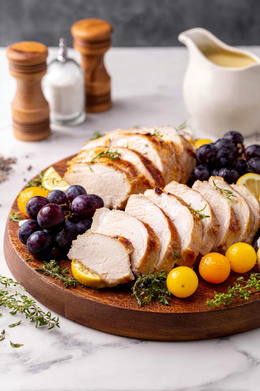 A plate of food with a turkey breast and grapes.
