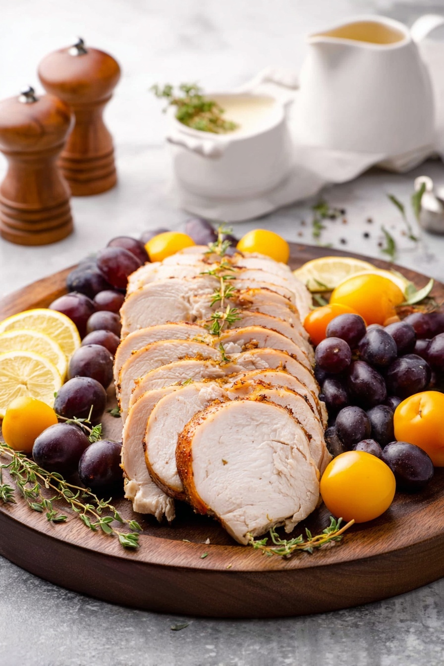 A plate of food with a turkey breast and various fruits and vegetables.