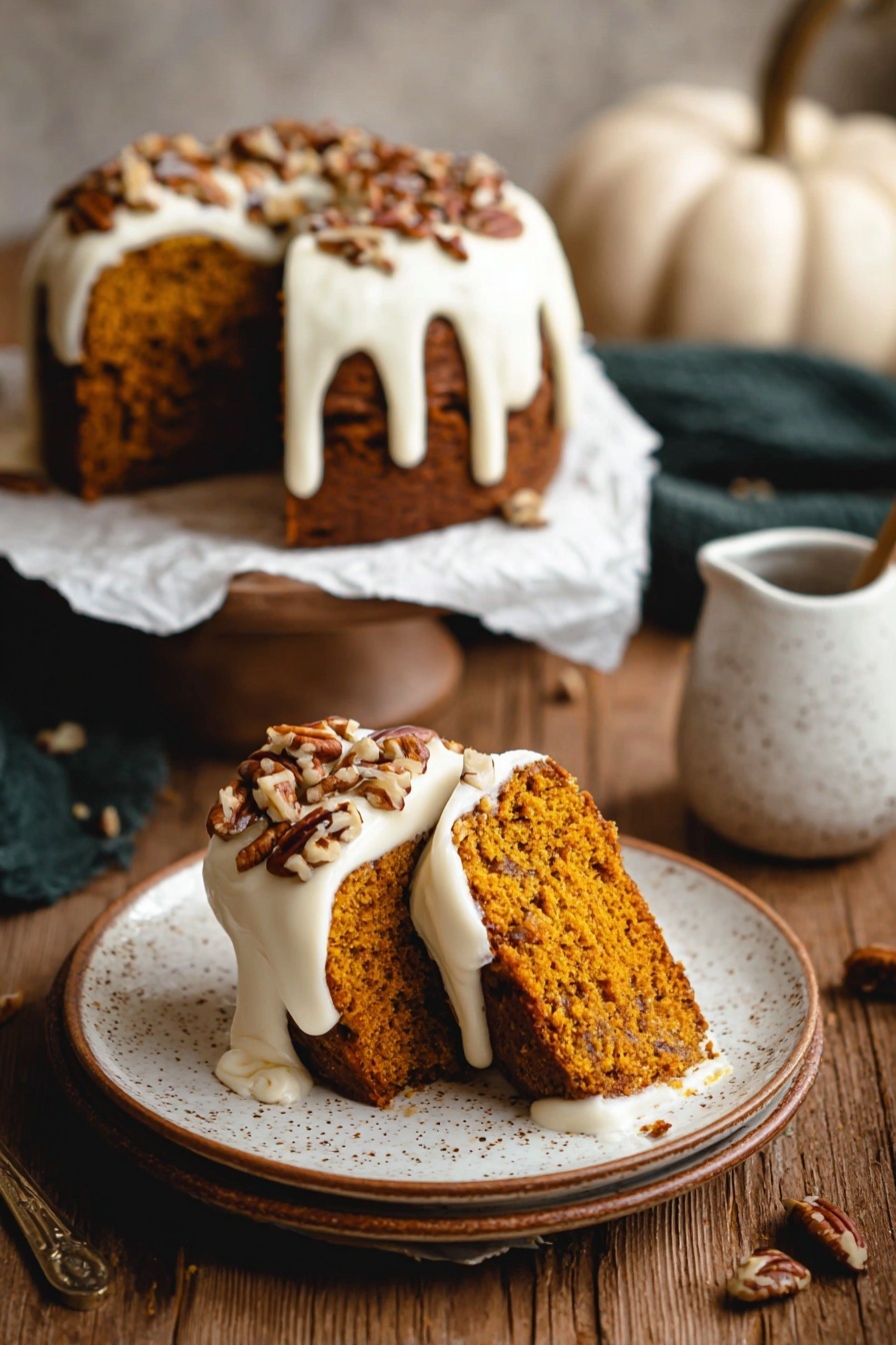 A slice of pumpkin bundt cake with white frosting.