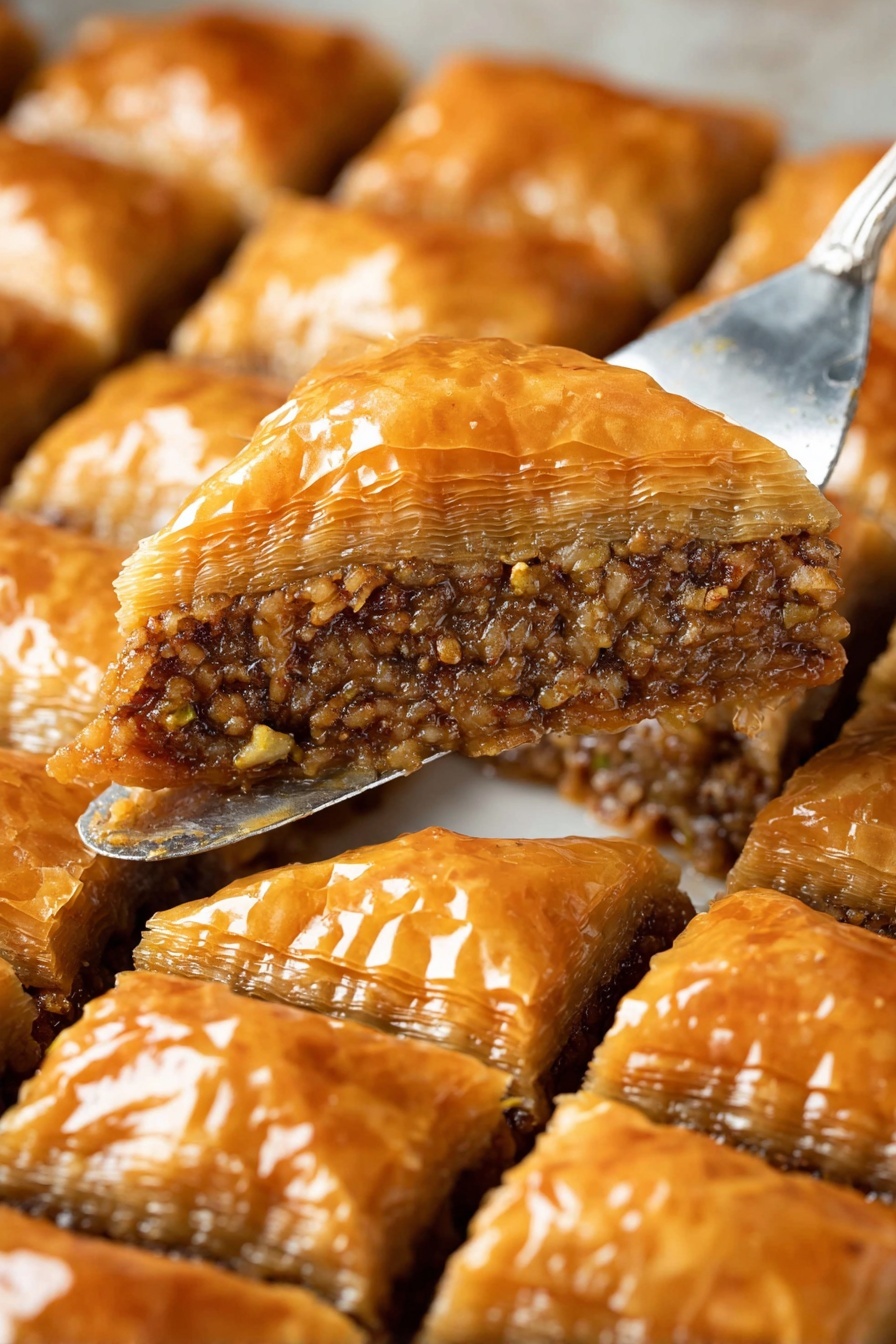 A piece of baklava is being lifted from a plate.