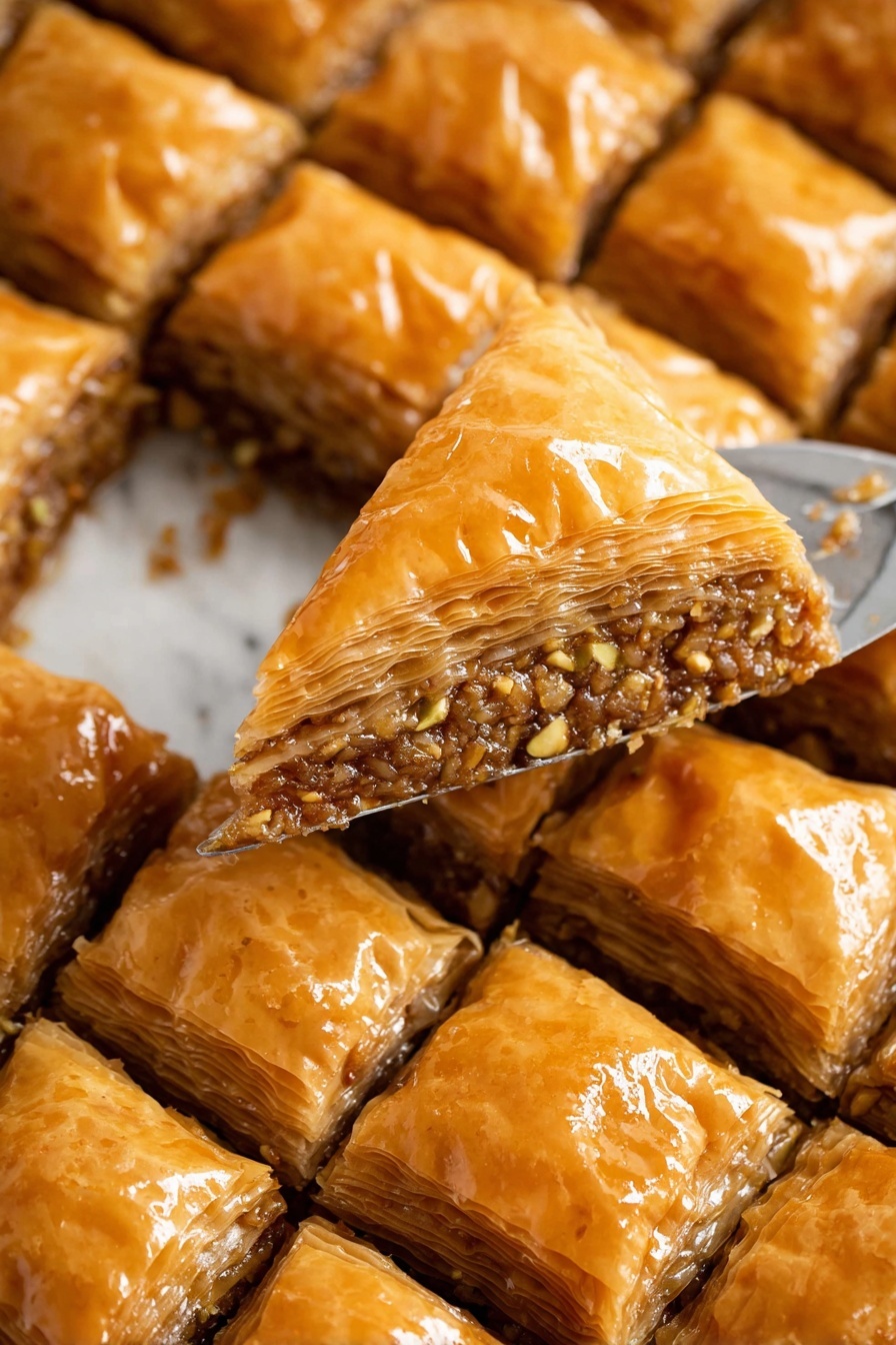 A slice of baklava on a plate.