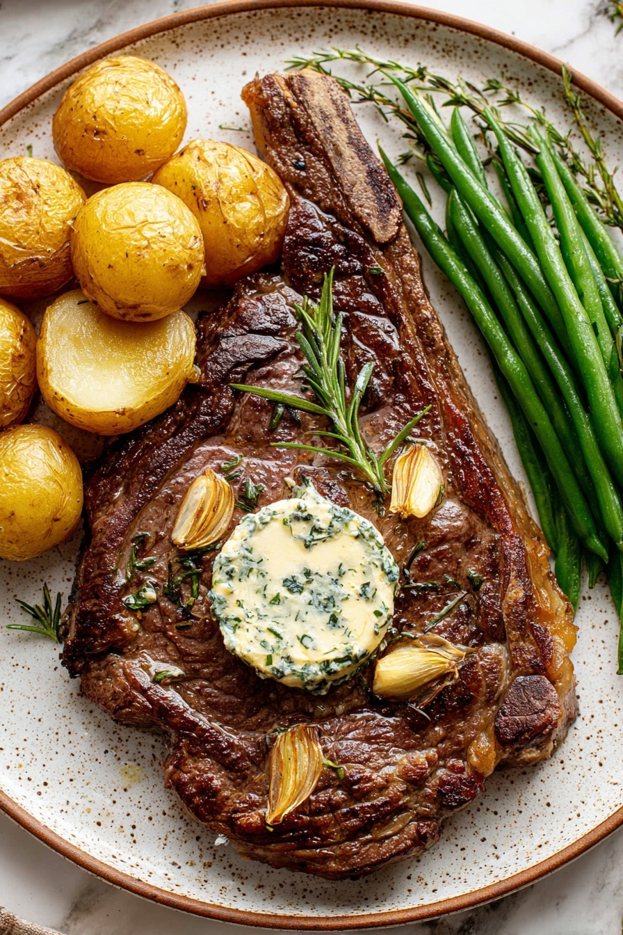 A pan seared steak with potatoes and green beans.