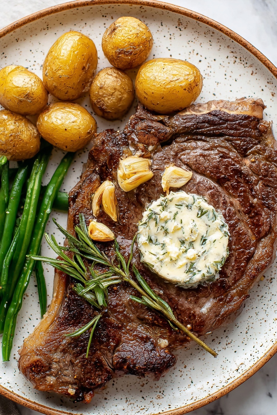 A close up of a steak with butter and herbs on it.