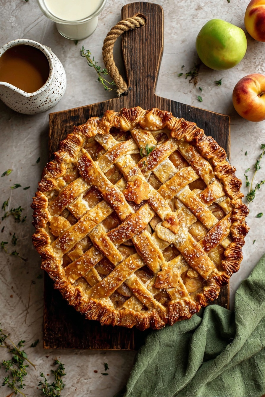 A fresh peach pie on a wooden cutting board.