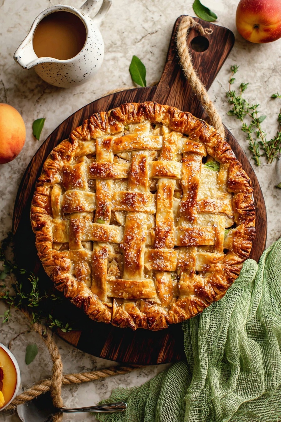 A fresh peach pie on a wooden board.