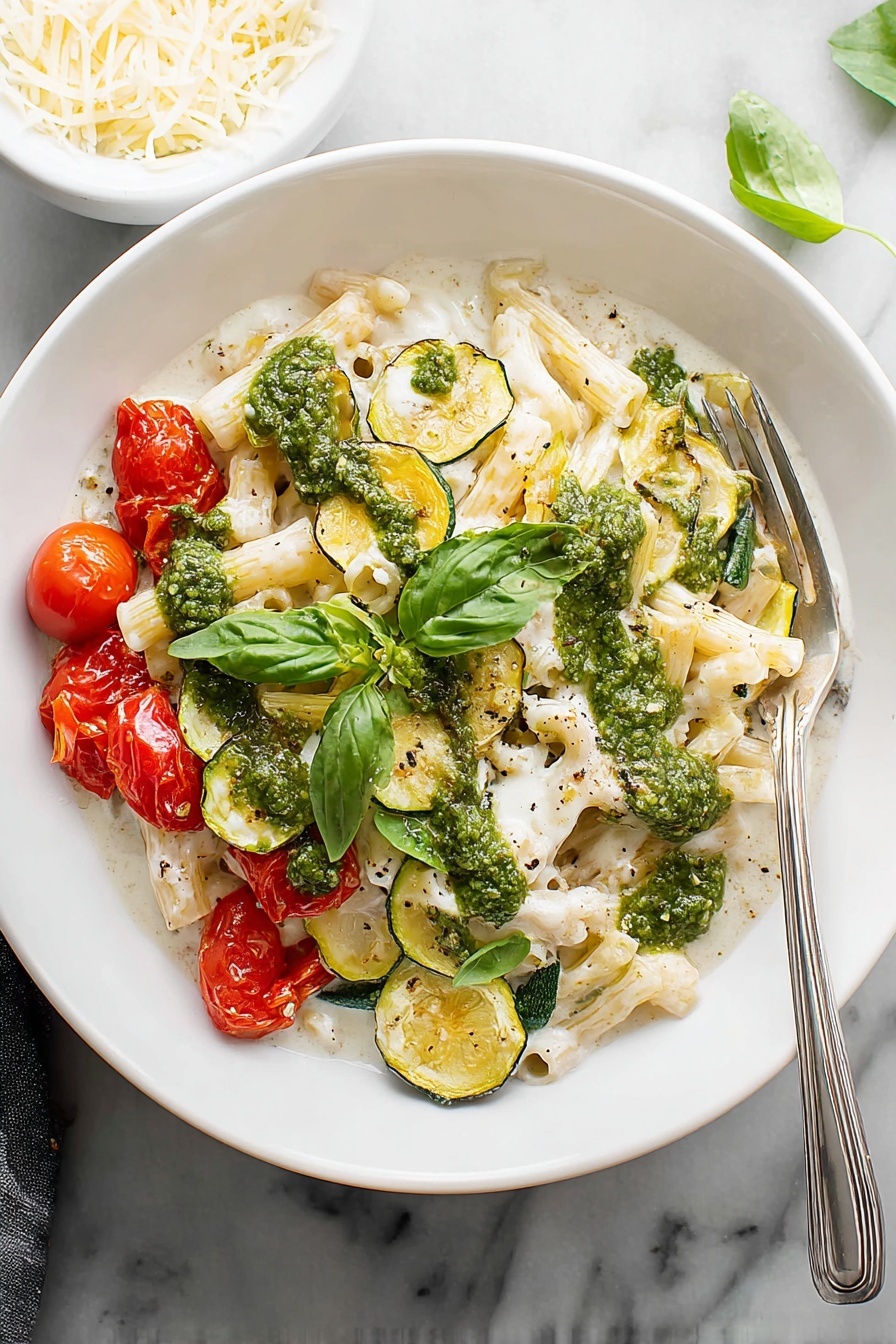 A bowl of pasta with tomatoes, zucchini, and basil.