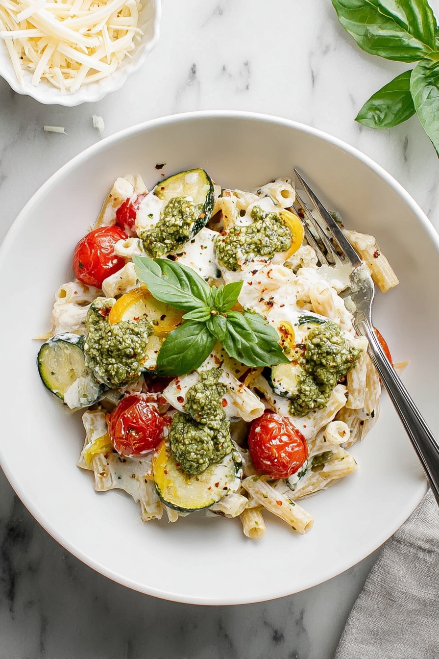 A bowl of pasta with tomatoes, zucchini, and basil.