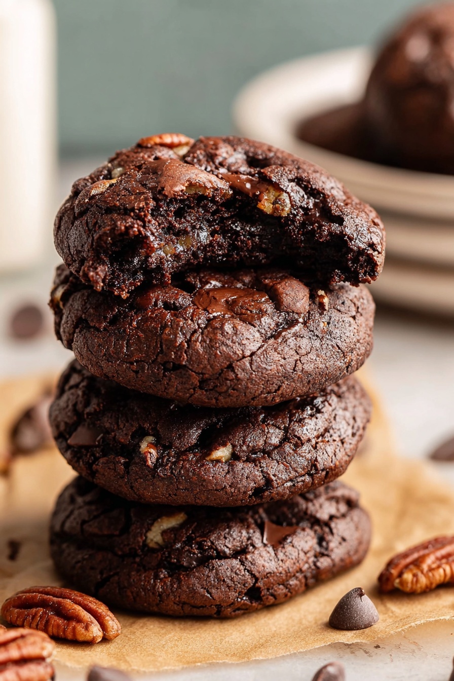 A stack of double chocolate chip cookies.