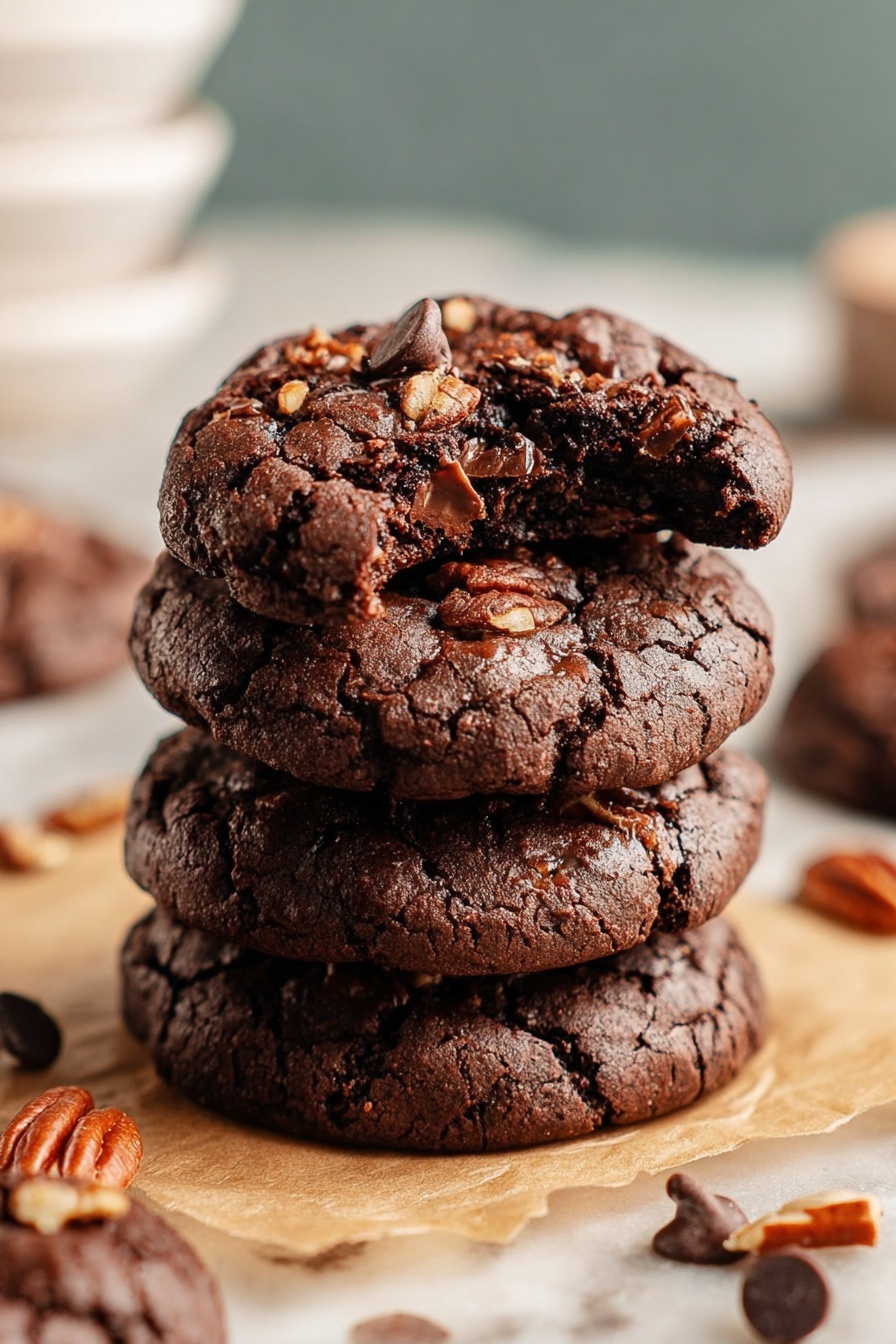 A stack of double chocolate chip cookies.