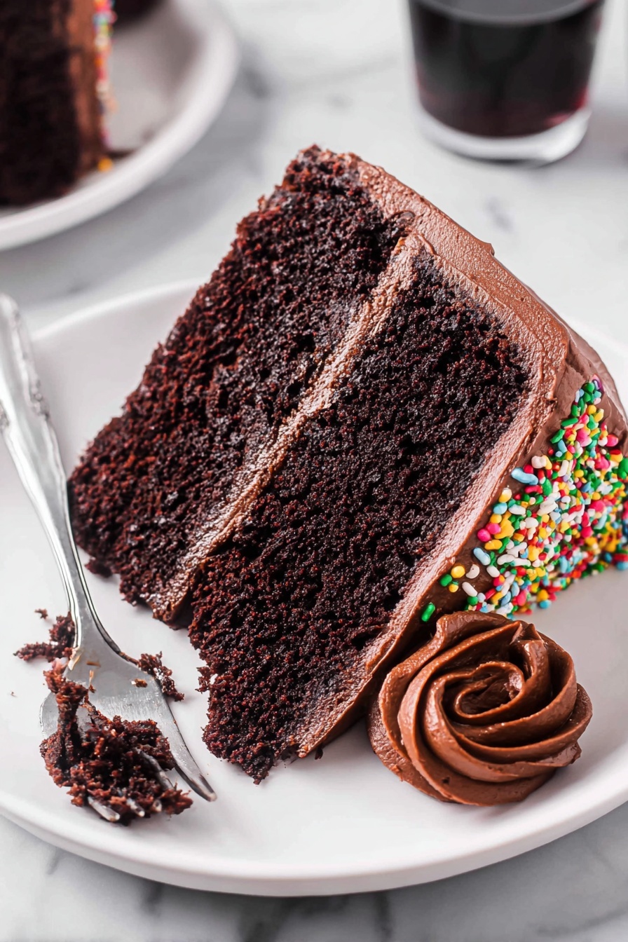 A slice of chocolate cake on a plate.