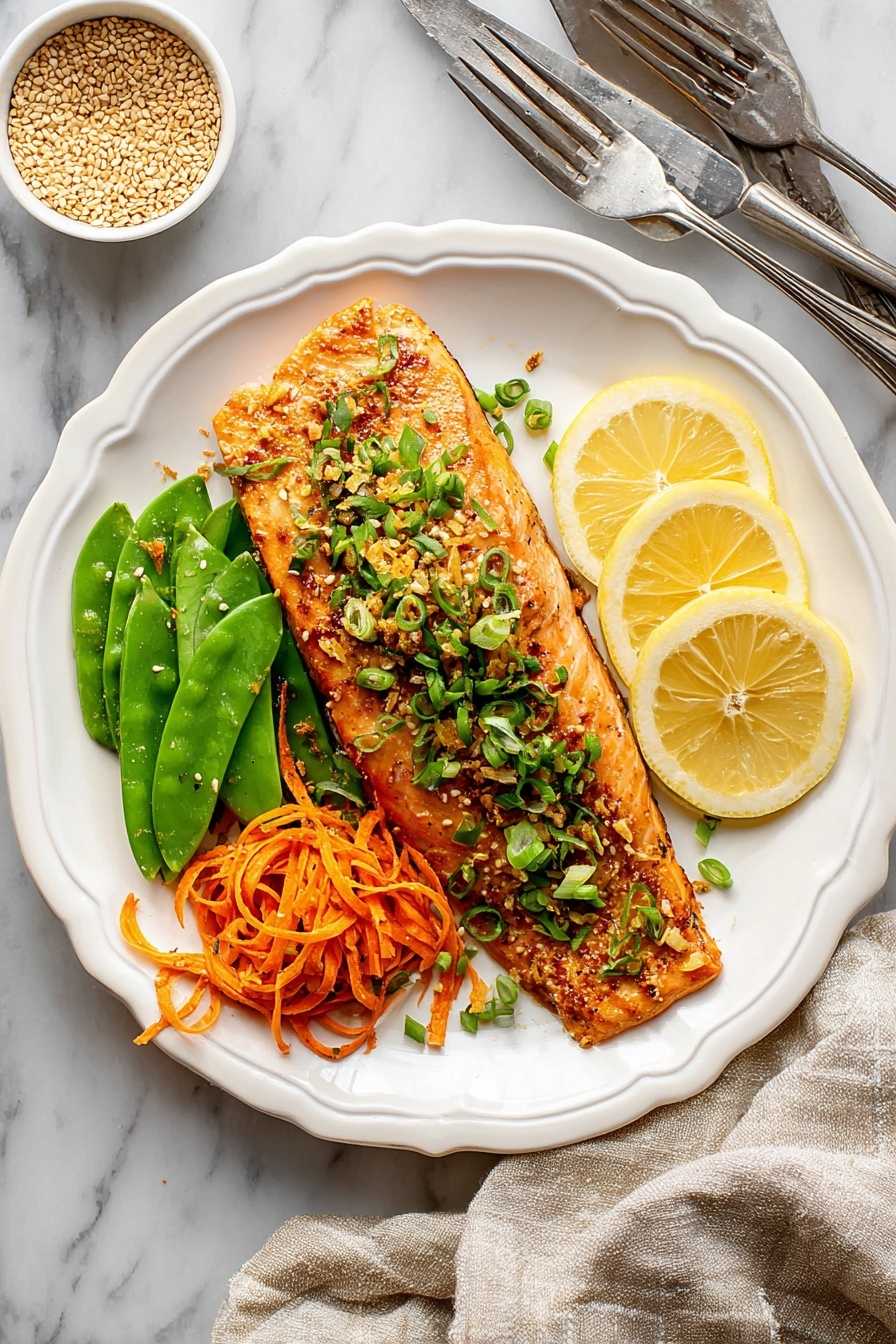 A plate of baked salmon with vegetables.