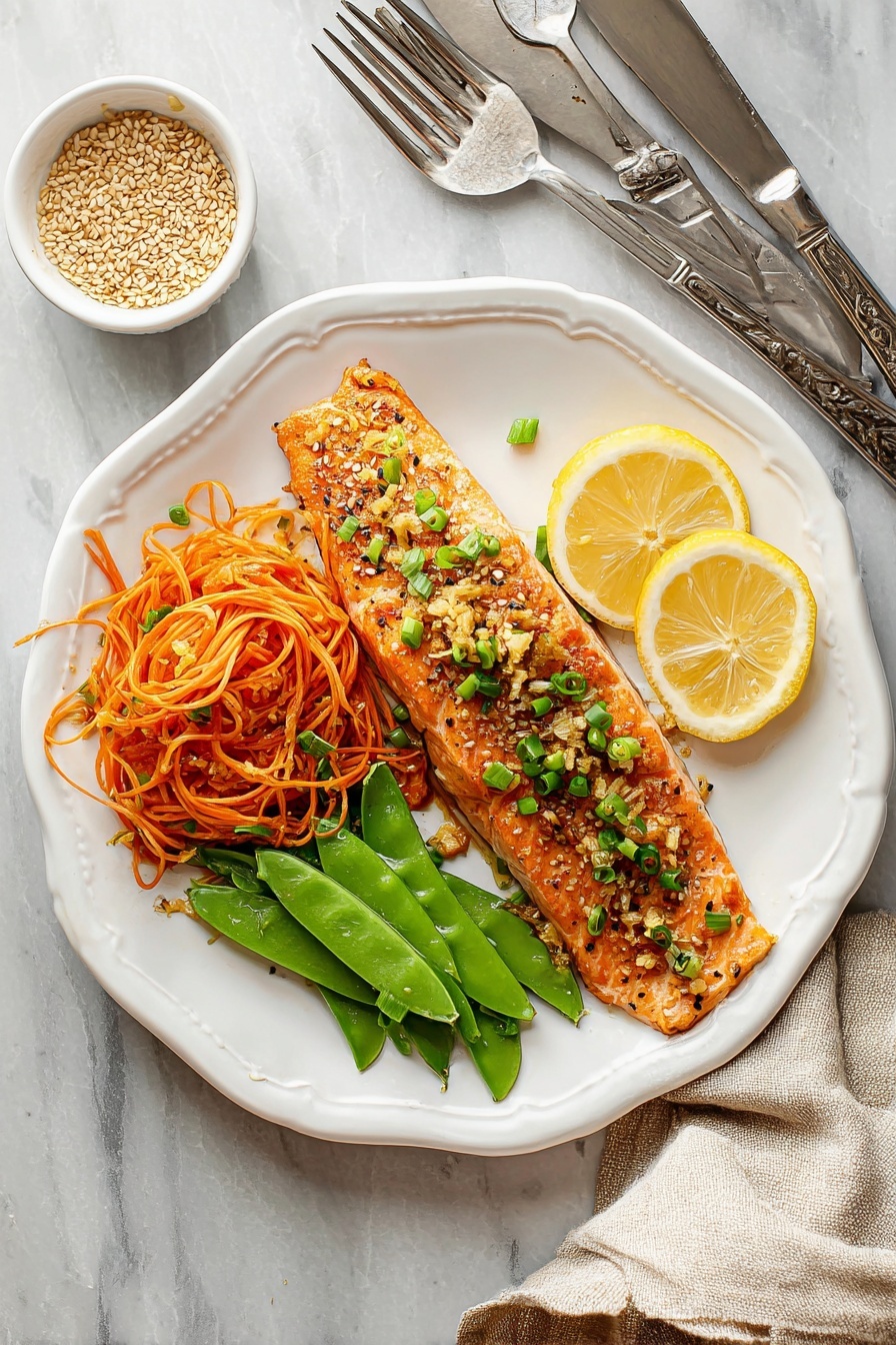 A plate of food with salmon, peas, and lemon wedges.