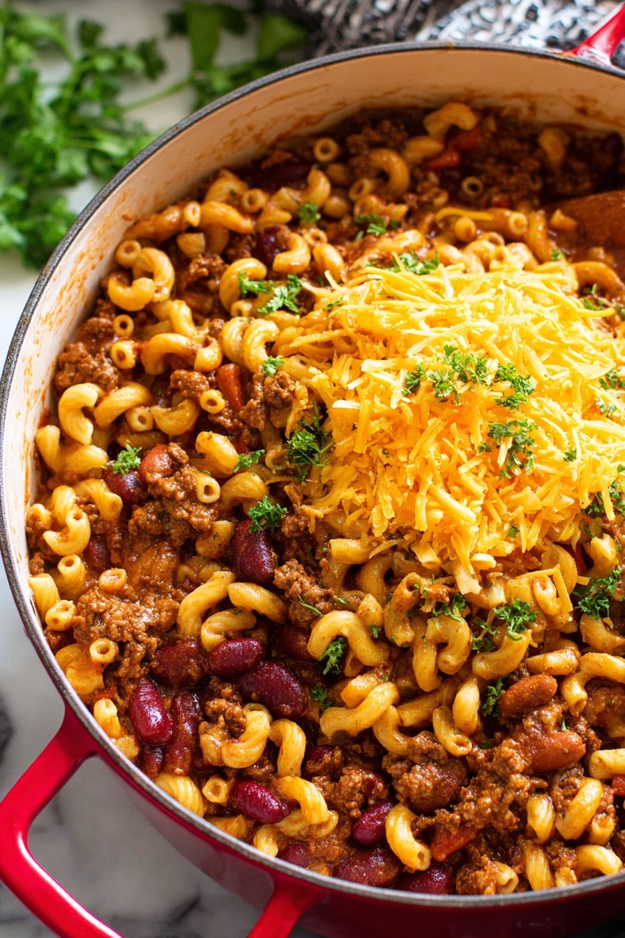 A bowl of chili mac and cheese.