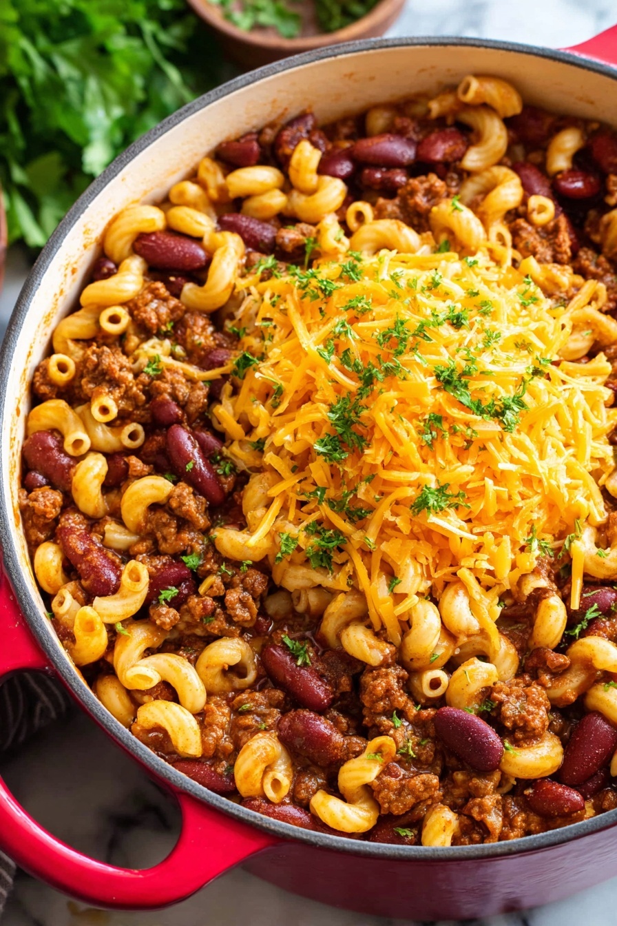 A bowl of chili mac and cheese.