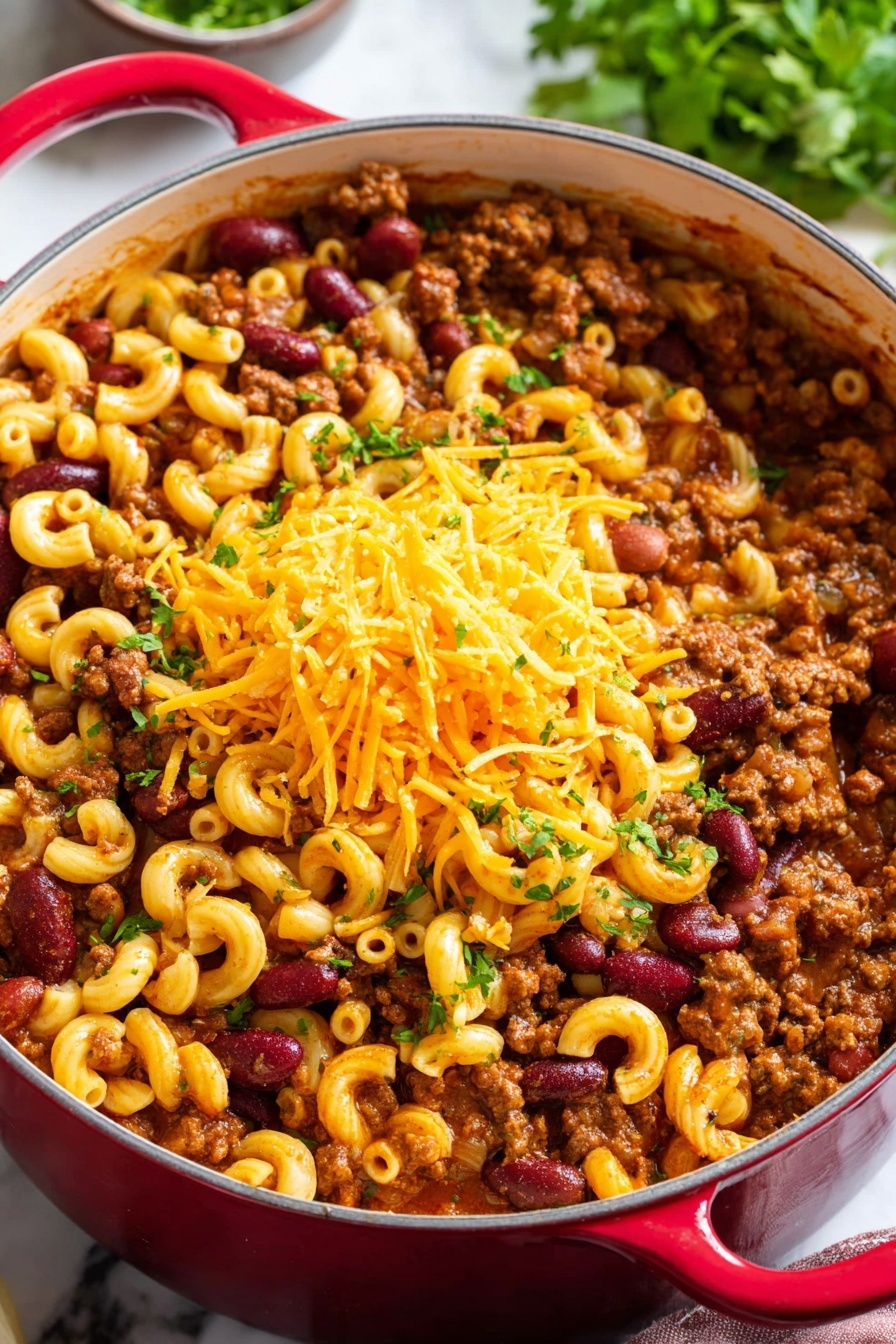 A bowl of chili mac and cheese.