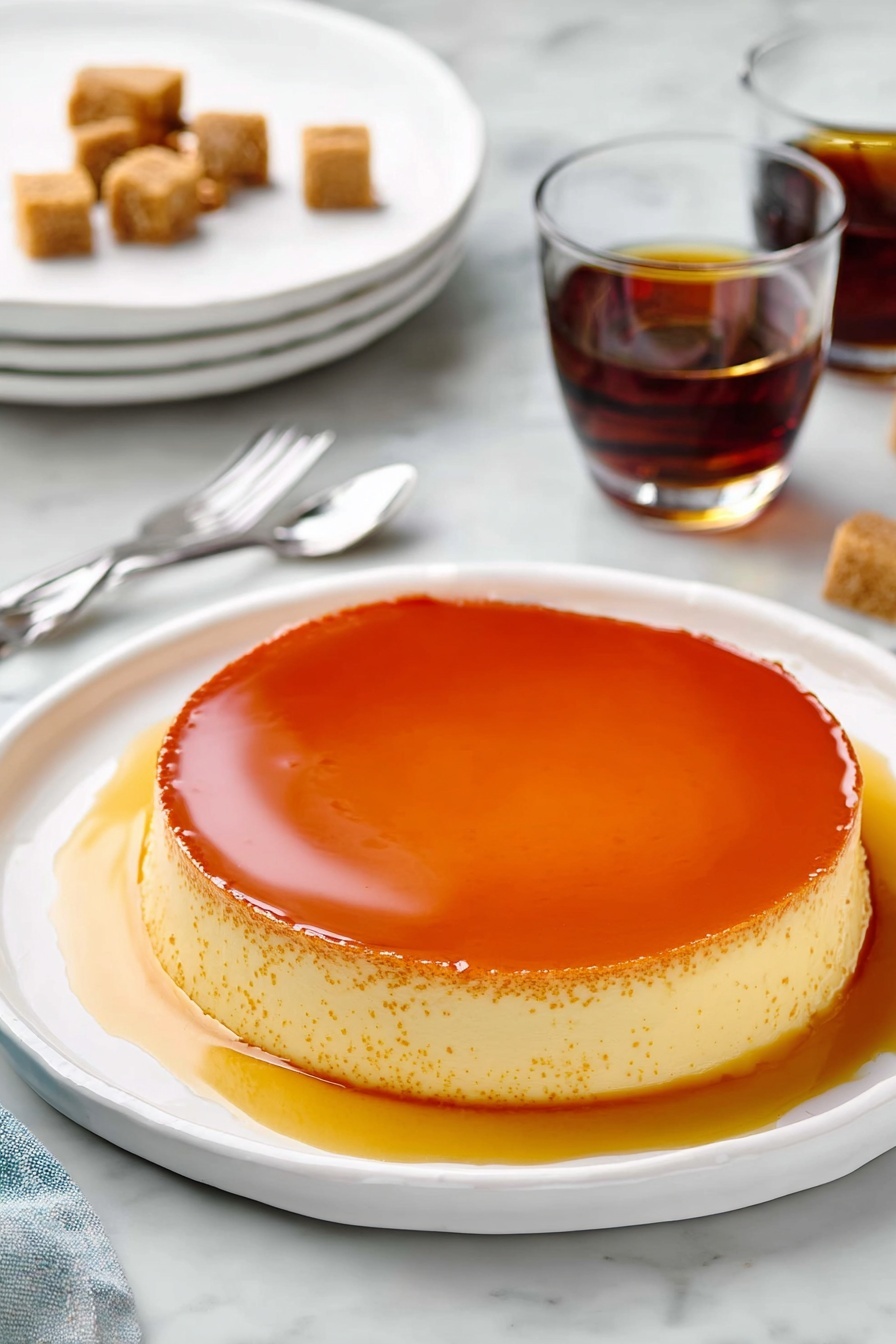 A Spanish caramel flan dessert on a plate.