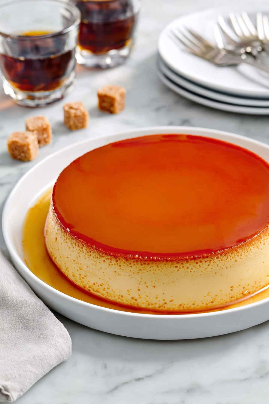 A Spanish caramel flan dessert on a plate.