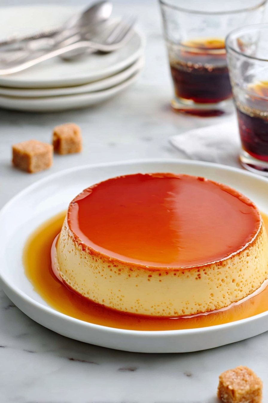 A Spanish caramel flan dessert on a white plate.