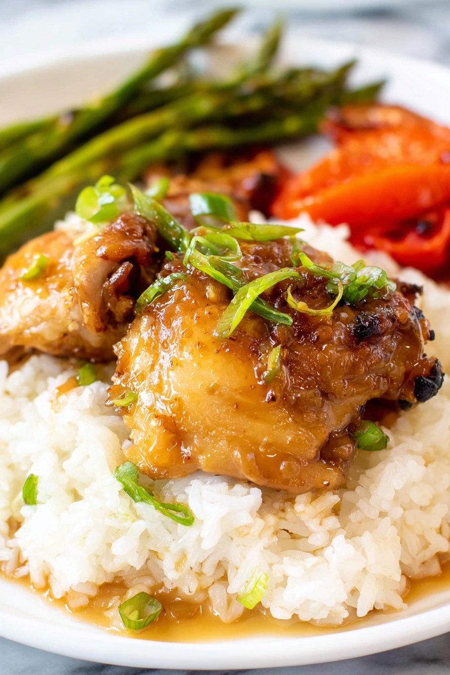 A plate of chicken adobo with rice.
