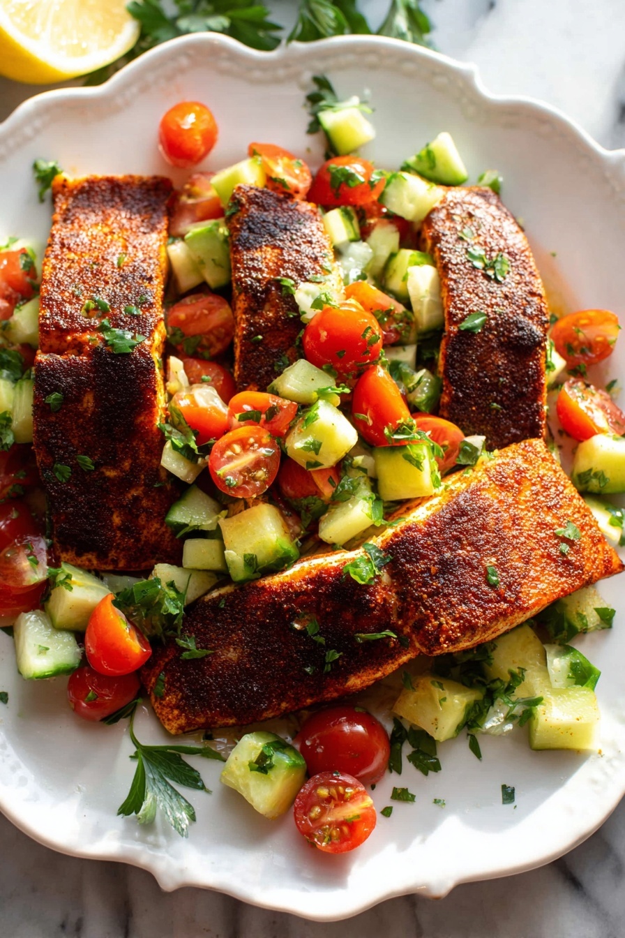 A plate of blackened salmon with tomatoes and cucumbers.