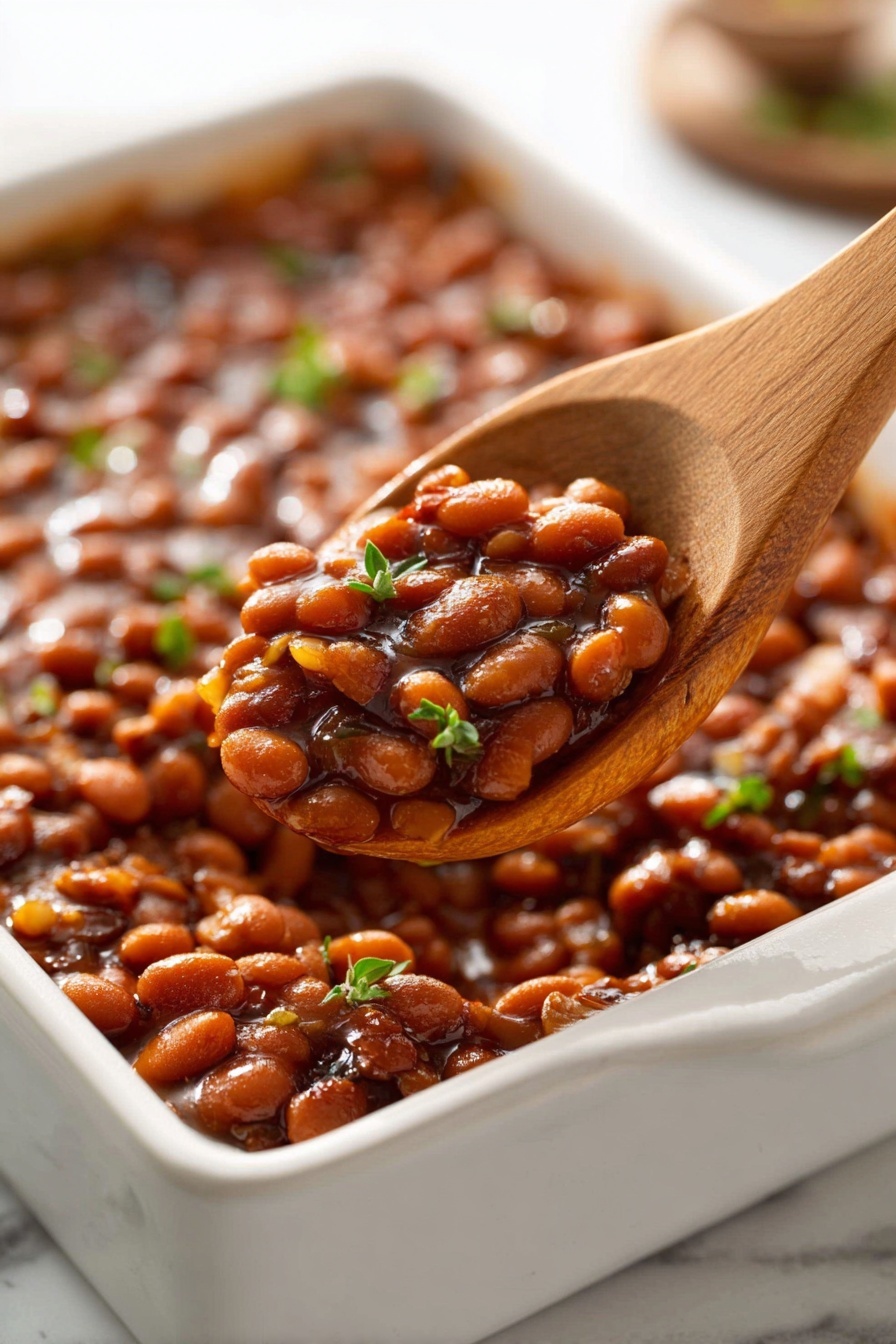 A wooden spoon is being used to scoop up some baked beans.