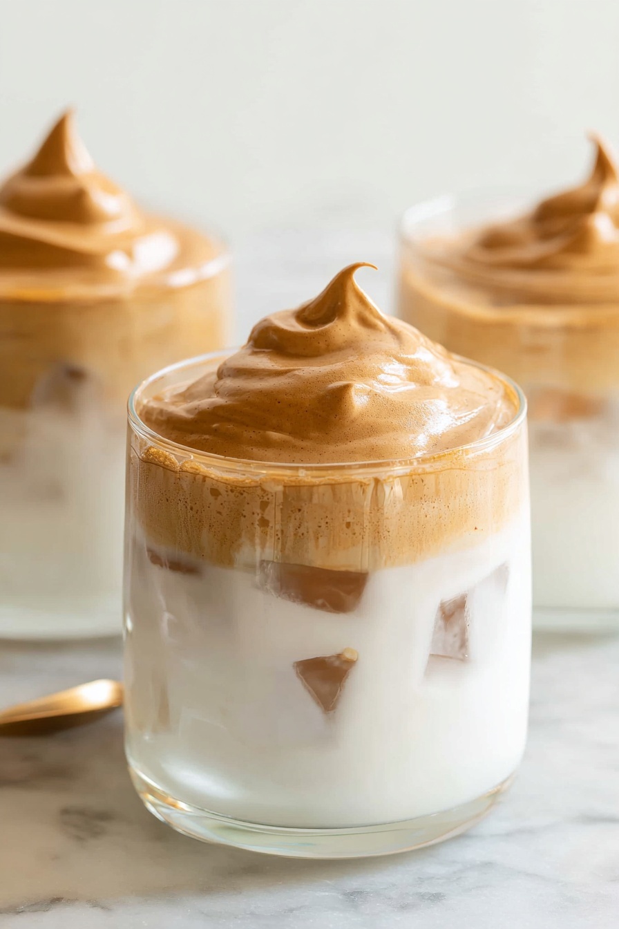 A glass of Dalgona Coffee with whipped cream on top.