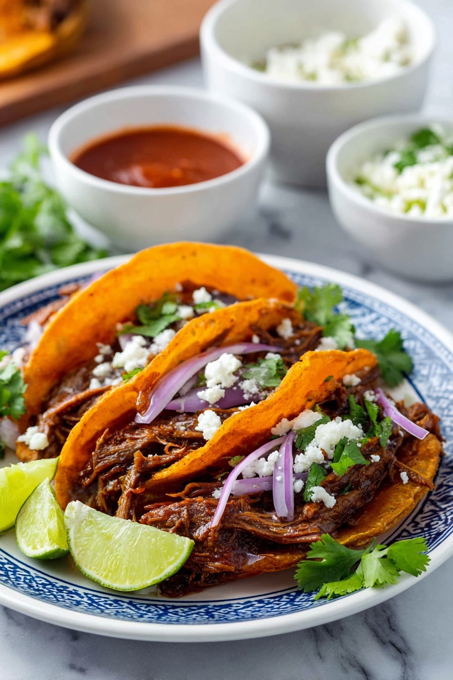 Two tacos de birria with onions and blue cheese.