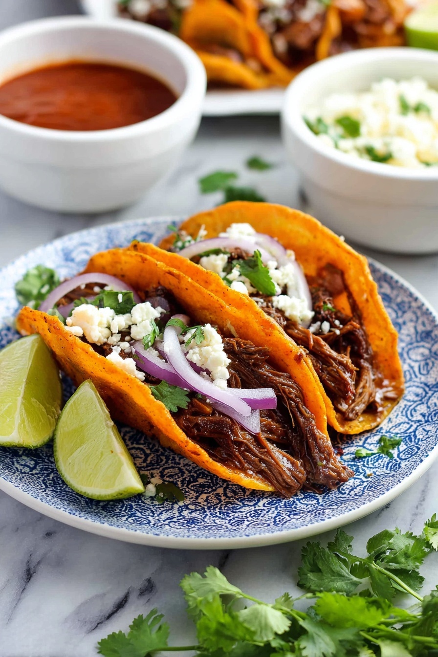 Two tacos de birria with onions and blue cheese.