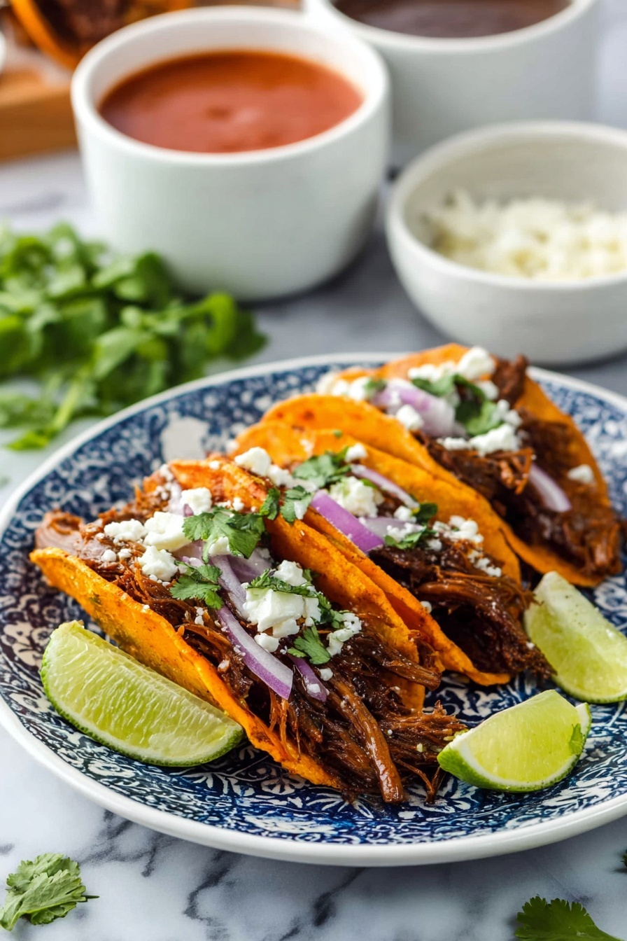 A plate of tacos de birria with blue cheese and onions.