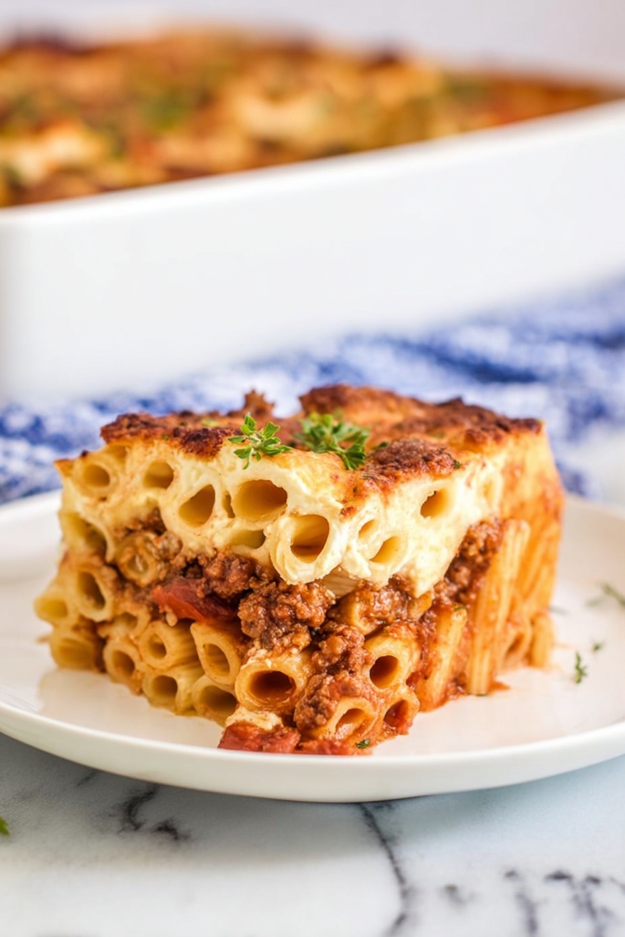 A slice of Greek pastitsio on a white plate.
