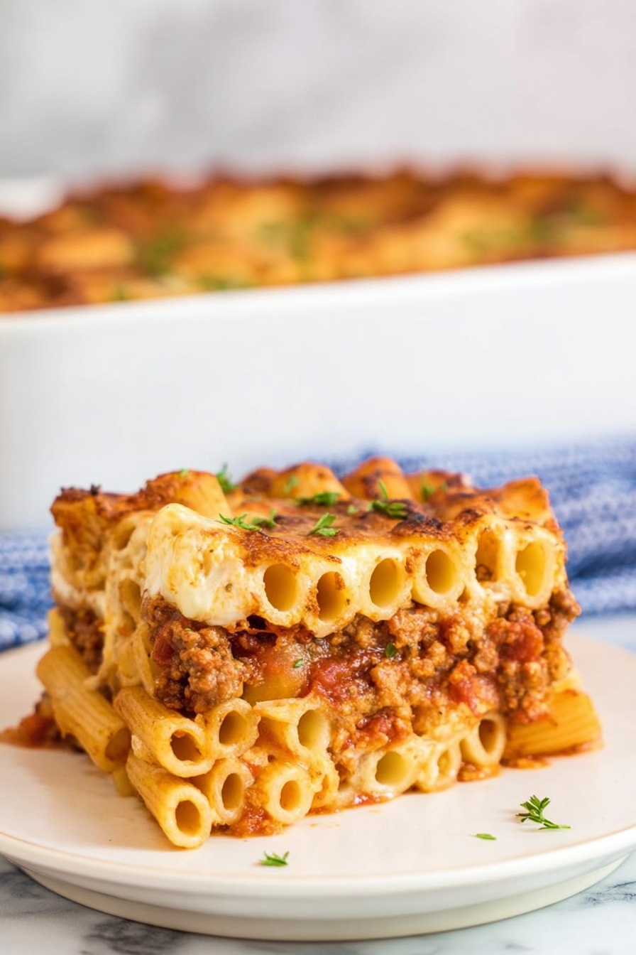 A Greek pastitsio is served on a white plate.