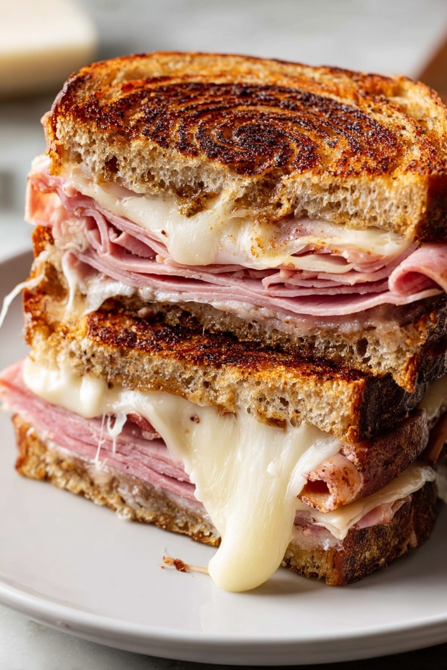 A stack of three Reuben sandwiches.